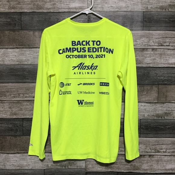 Brooks Long Sleeve Shirt Men’s S Neon Yellow UW Huskies Dawg Dash 2021 - Picture 3 of 7